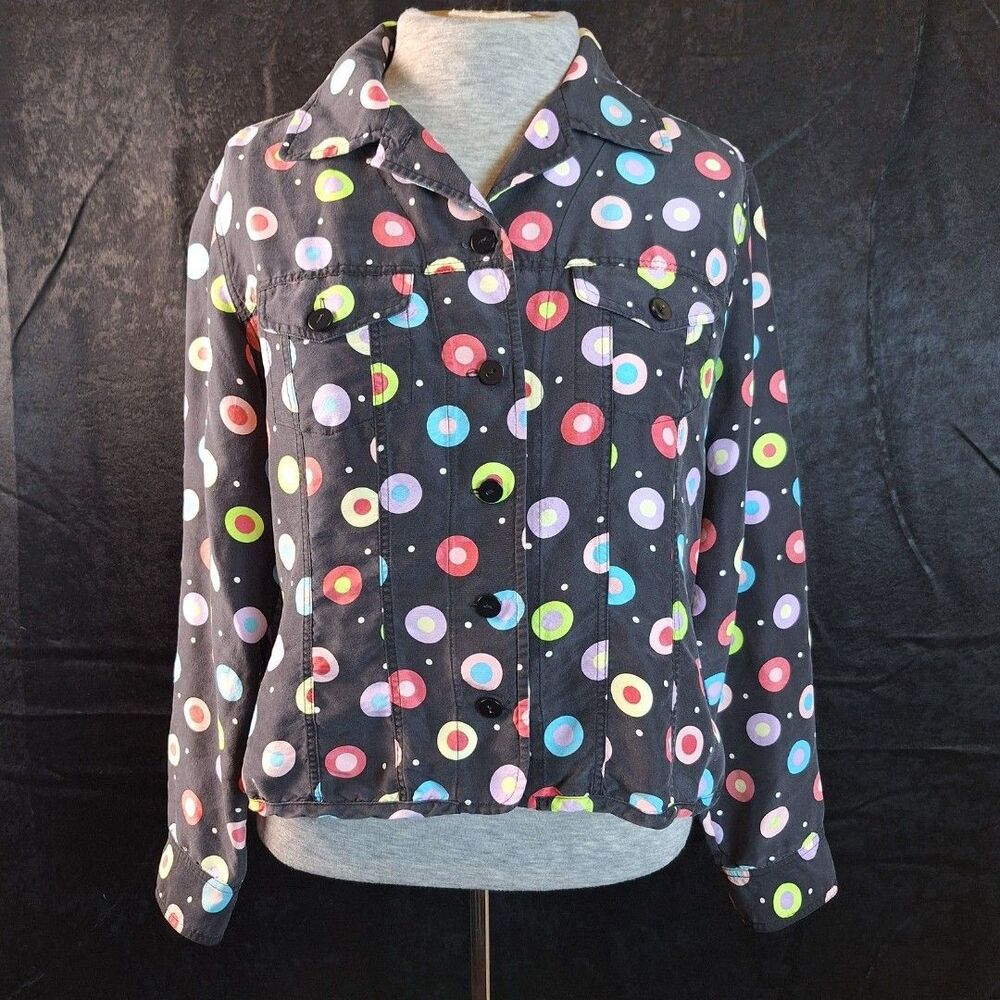 PM 100 Silk VTG Style Retro Dot Whimsy Goth Art Deco Funky Quirky Button Shacket